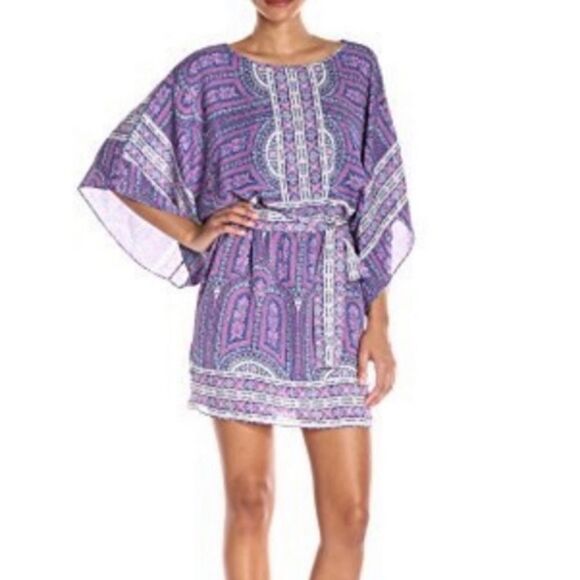 BCBGMAXAZRIA Fuscia Combo Bryna Printed Boho Dress with/Tie Kimono Draped Tunic - Picture 1 of 11